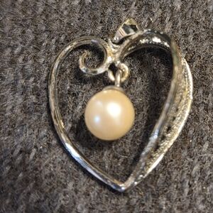 Vintage Faux Pearl Heart Pendant Silver Tone Mid Century Jewelry
